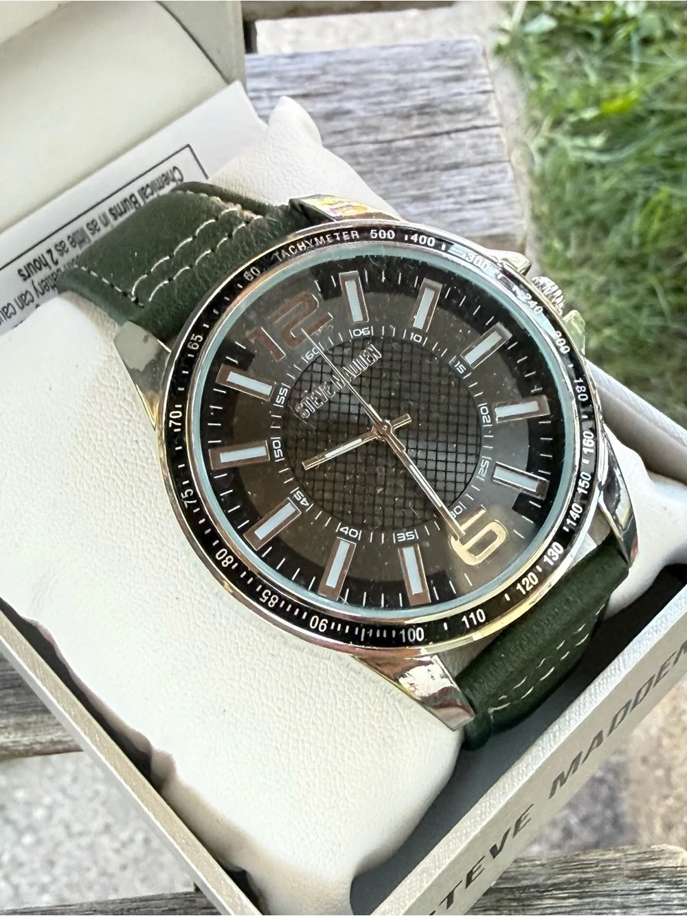 Steve Madden Green Leather Strap Men's Watch with Silver Case